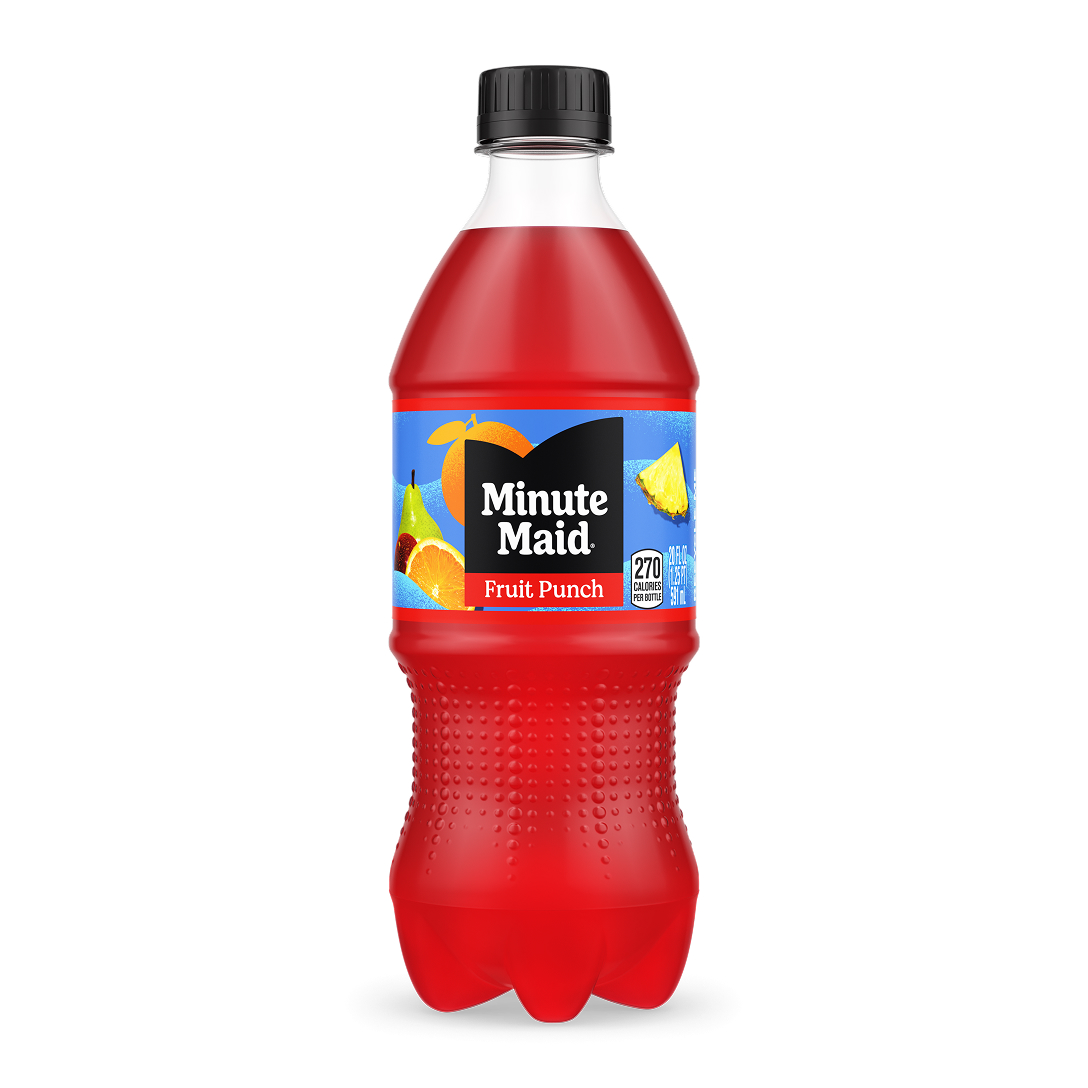 Minute Maid Fruit Punch 20 fl oz bottle with a red liquid and blue label featuring orange, pineapple, and pear, 270 calories per bottle.