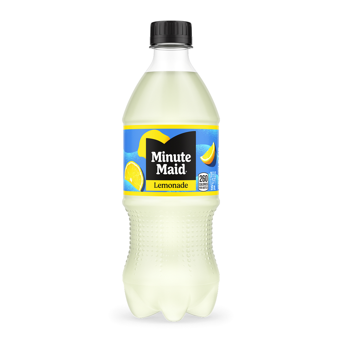 Minute Maid Lemonade 20 fl oz bottle with a clear pale yellow liquid and blue and yellow label featuring lemon slices, 260 calories per bottle.