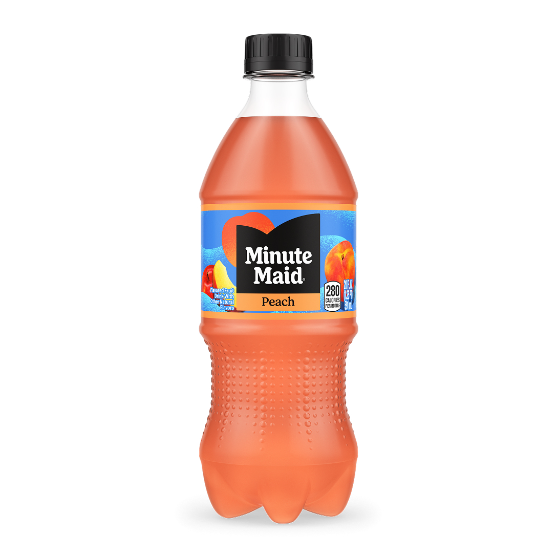 Minute Maid Peach 20 fl oz bottle with an orange liquid and blue label featuring a peach, 280 calories per bottle.