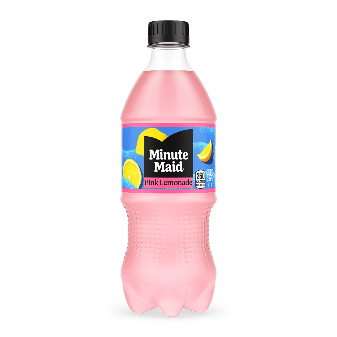 Minute Maid Pink Lemonade 20 fl oz bottle with a light pink liquid and blue and pink label featuring lemon slices, 260 calories per bottle.