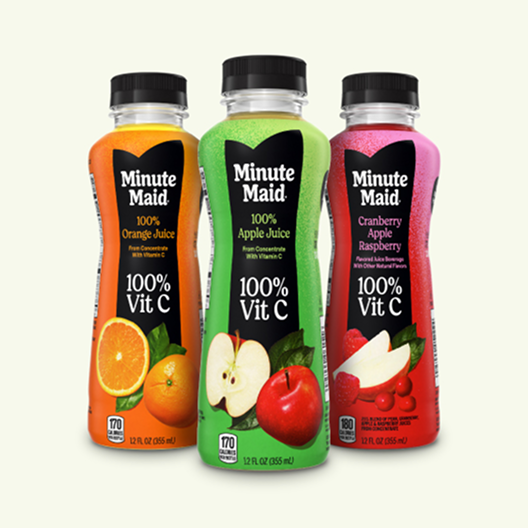 Product shot of three Minute Maid juice bottles side by side on a cream background: 100% Orange Juice, 100% Apple Juice, and Cranberry Apple Raspberry, each labeled "100% Vit C."