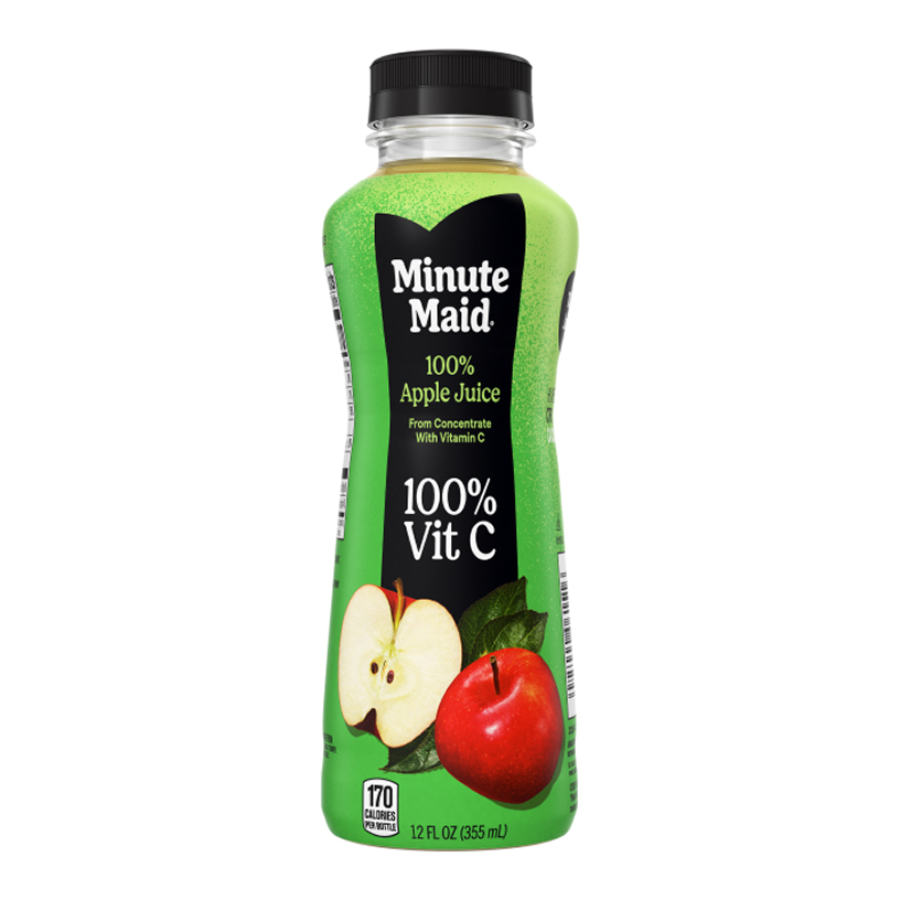 A 12 fl oz bottle of Minute Maid 100% Apple Juice with a green label featuring a whole red apple and a sliced apple half. The label notes "From Concentrate With Vitamin C," "100% Vit C," and "170 Calories Per Bottle."