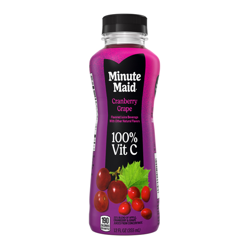 A 12 fl oz bottle of Minute Maid Cranberry Grape, a magenta-colored flavored juice beverage, with red grapes and cranberries pictured on the label. Text reads "Flavored Juice Beverage With Other Natural Flavors," "100% Vit C," and "190 Calories Per Bottle."