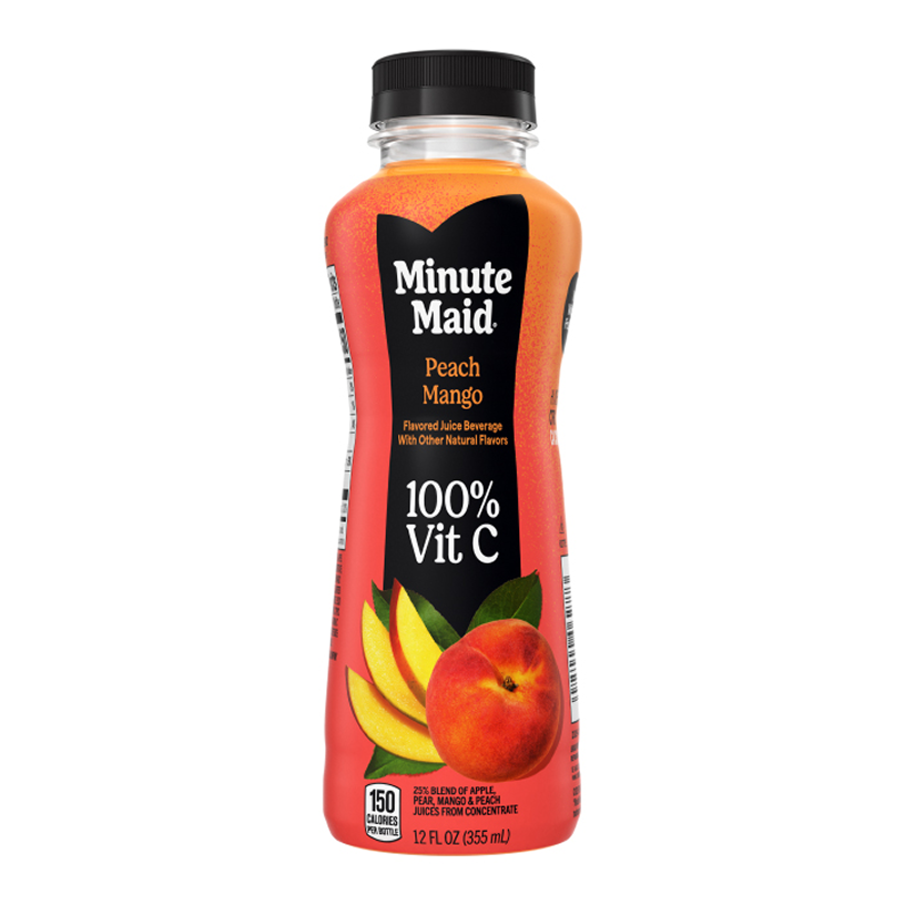 A 12 fl oz bottle of Minute Maid Peach Mango, an orange-toned flavored juice beverage, with a whole peach and mango slices pictured on the label. Text reads "Flavored Juice Beverage With Other Natural Flavors," "100% Vit C," and "150 Calories Per Bottle."