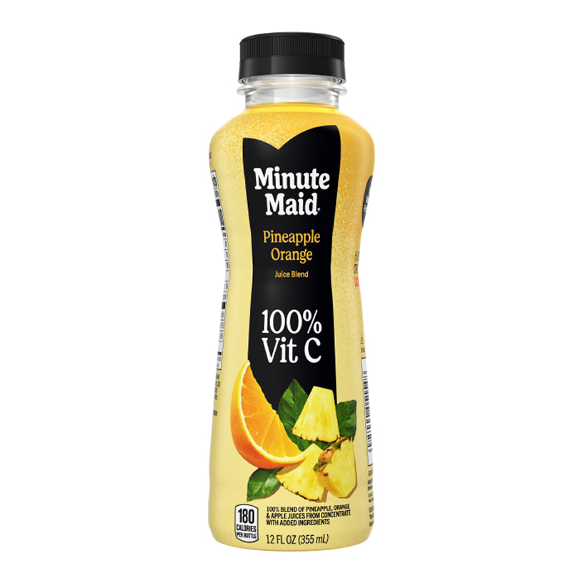 A 12 fl oz bottle of Minute Maid Pineapple Orange juice blend, yellow in color, with an orange slice and pineapple chunks shown on the label. Text reads "Juice Blend," "100% Vit C," and "180 Calories Per Bottle."