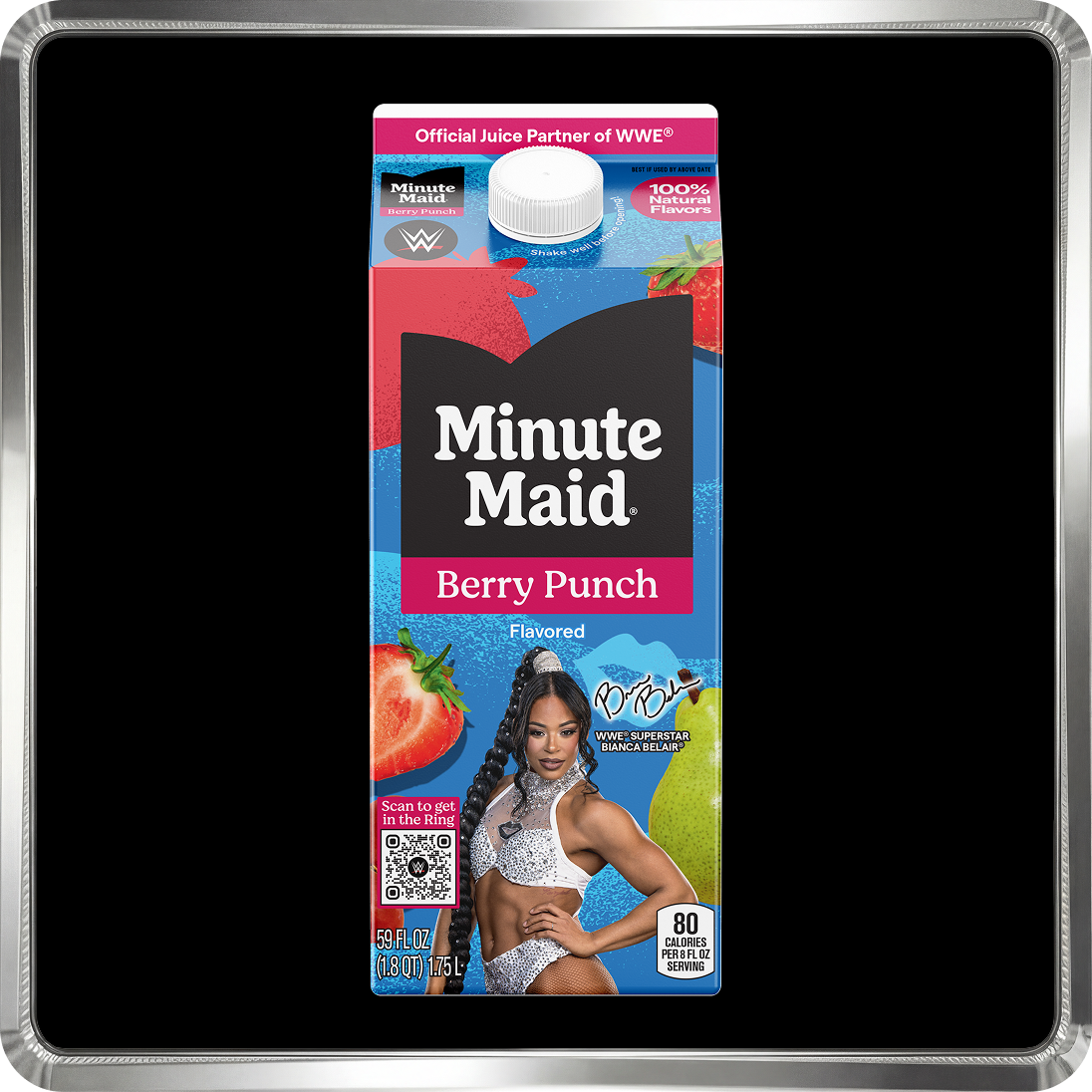 A carton of Minute Maid Berry Punch featuring WWE Superstar Bianca Belair as part of the "Bring the Juice" promotion.