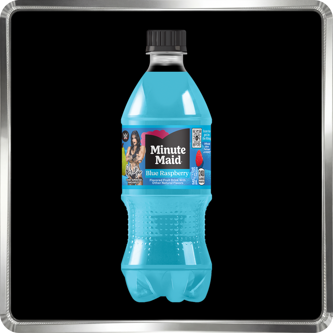 A bottle of Minute Maid Blue Raspberry juice featuring WWE Superstar Rhea Ripley from the official WWE partnership.