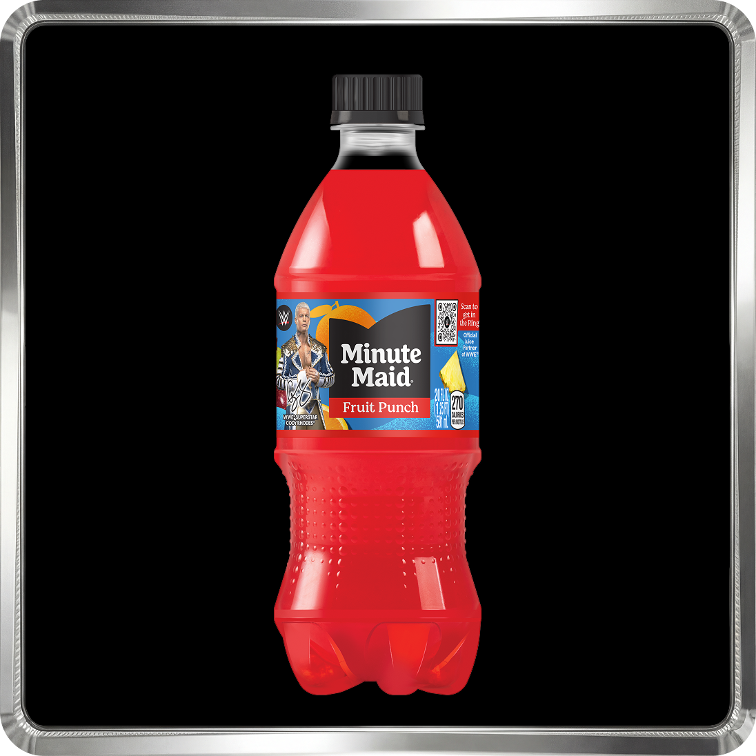 A bottle of Minute Maid Fruit Punch featuring WWE Superstar Cody Rhodes as part of the "Bring the Juice" campaign.