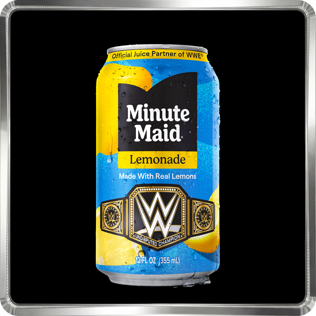 A can of Minute Maid Lemonade with the WWE Undisputed Champion belt as part of the official juice partner promotion.