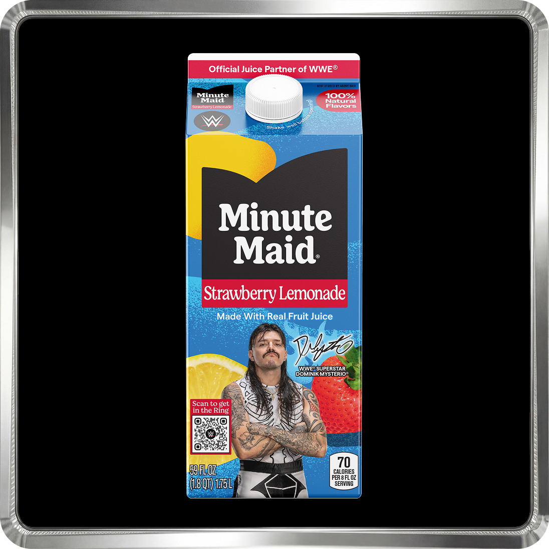 A carton of Minute Maid Strawberry Lemonade featuring WWE Superstar Dominik Mysterio from the official WWE juice partnership.