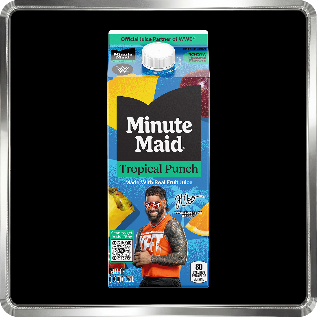 A carton of Minute Maid Tropical Punch featuring WWE Superstar Jey Uso as part of the official WWE partnership.