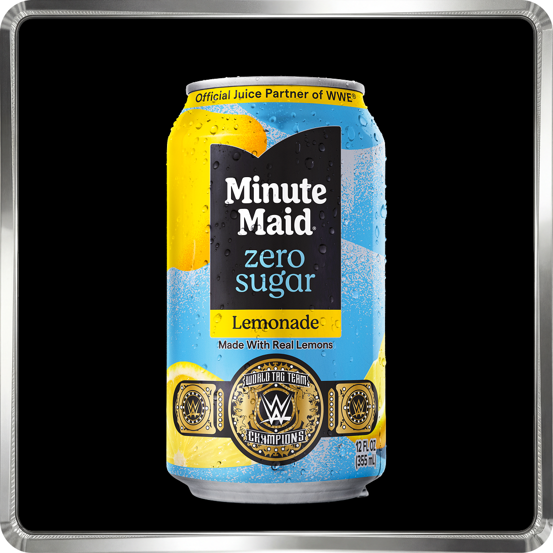 A can of Minute Maid Zero Sugar Lemonade featuring the WWE World Tag Team Champions belt from the summer promotion.