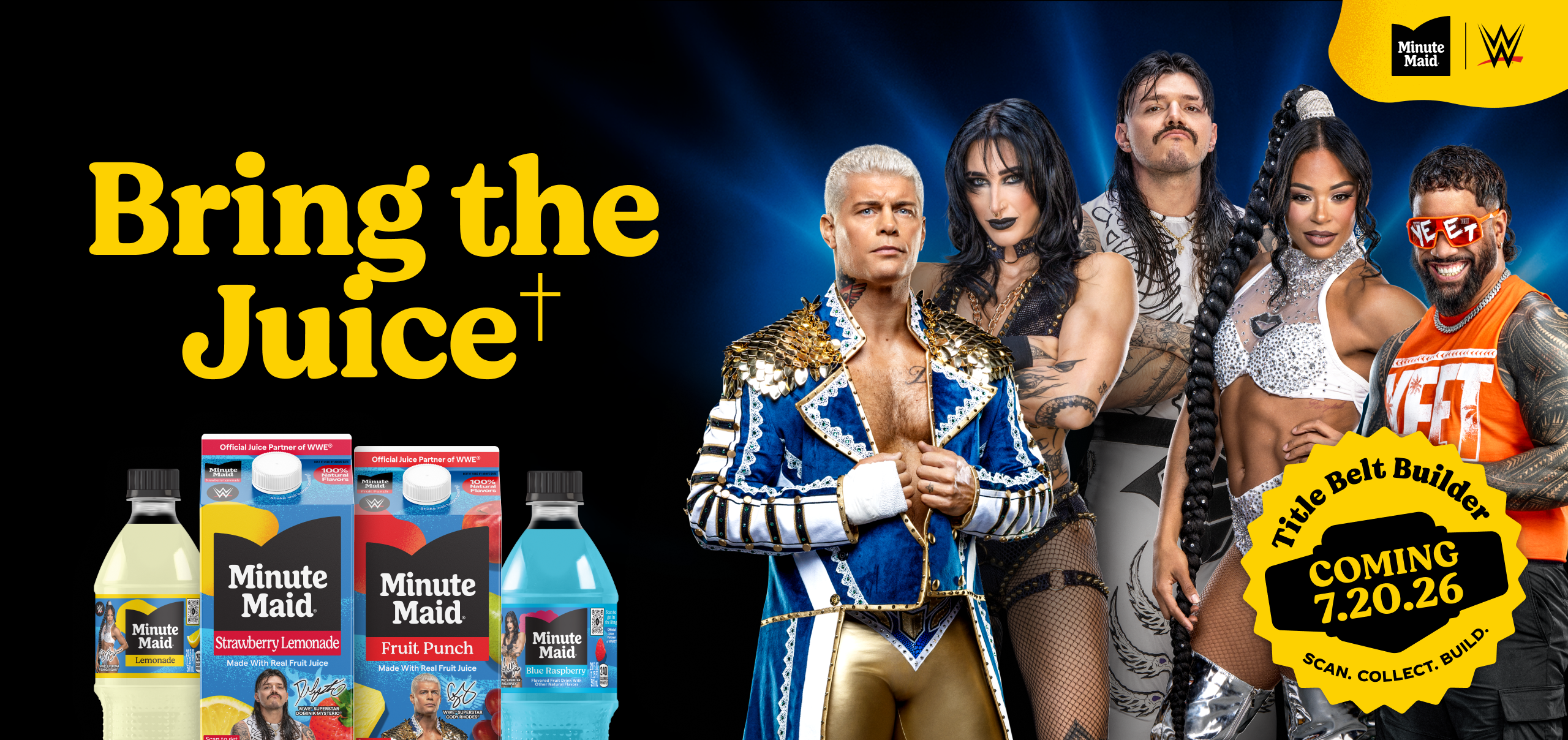 Minute Maid WWE limited edition drinks with wrestlers promoting Bring the Juice title belt builder experience