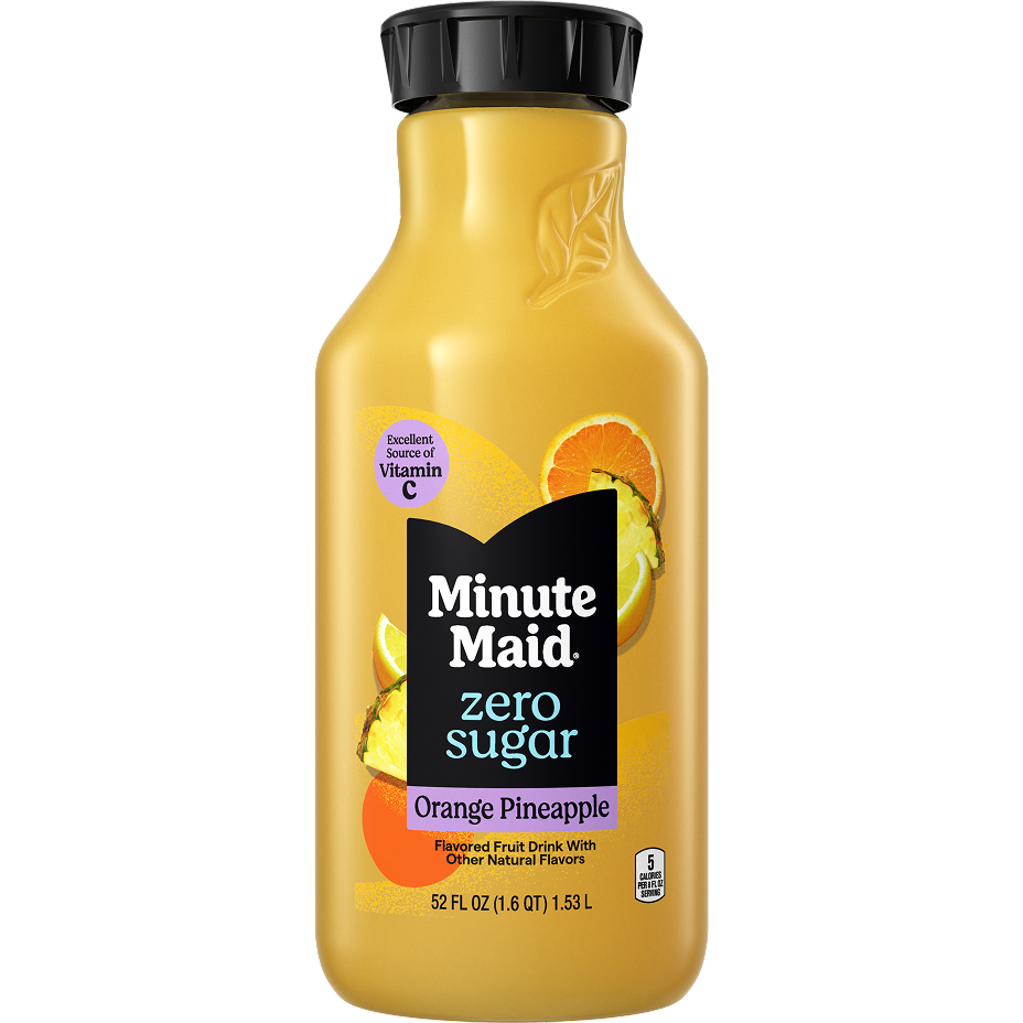 Minute Maid Zero Sugar Orange Pineapple 52 fl oz bottle with a golden yellow liquid and label featuring orange and pineapple slices, an excellent source of Vitamin C, 5 calories per 8 fl oz serving.
