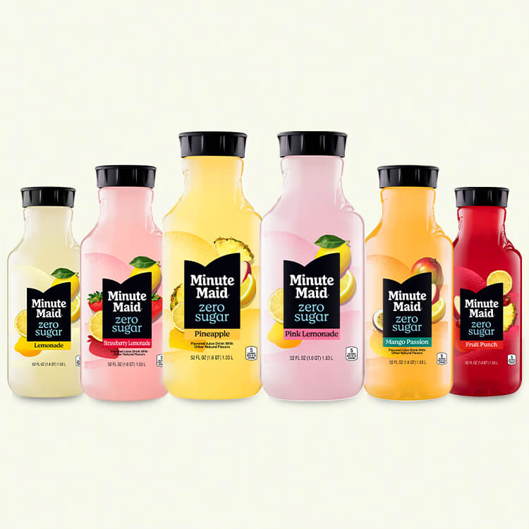 Three different bottles of Minute Maid Zero Sugar