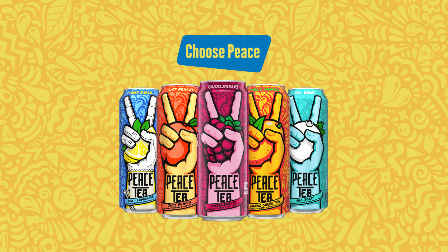 Peace tea can in a yellow background with details in red, green, yellow, blue and purple