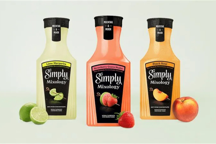 Three containers of different Simply Mixology flavors with fruit in the foreground