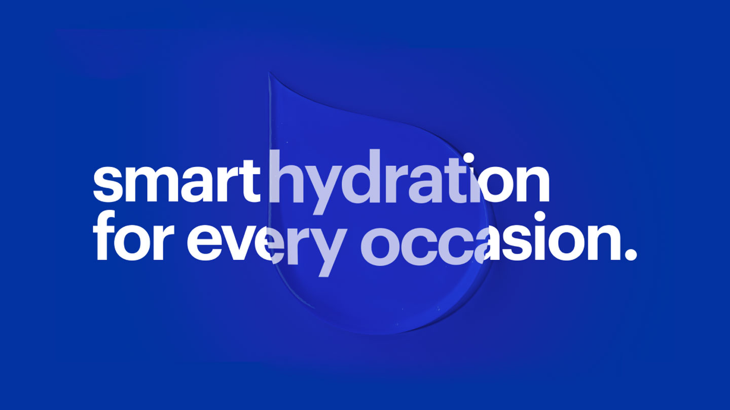 The phrase "smarthydration for every occasion." in front of a drop of water on blue background
