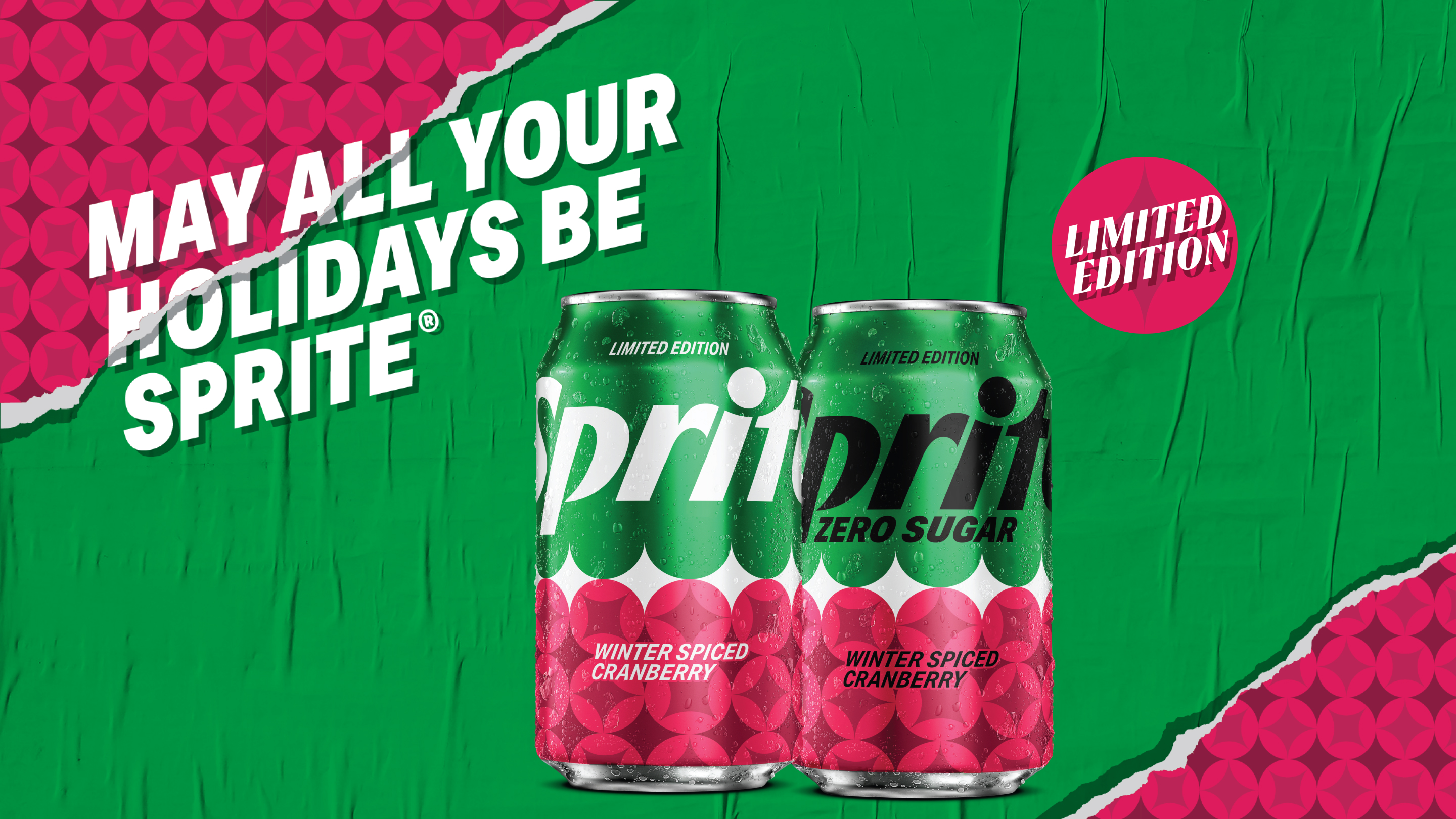 Two cans of Sprite on green background