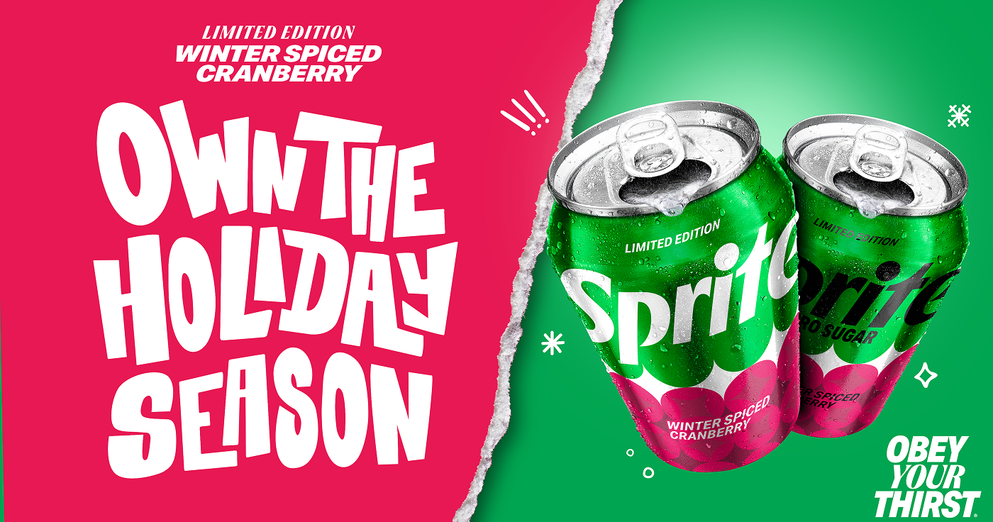 A wide banner split by a torn-paper edge. On the left, white lettering on a pink background reads “Limited Edition Winter Spiced Cranberry” and “Own the Holiday Season.” On the right, two open, wet Sprite cans (regular and Zero Sugar) with green and cranberry-red labels float on a green background beside the tagline “Obey Your Thirst.”