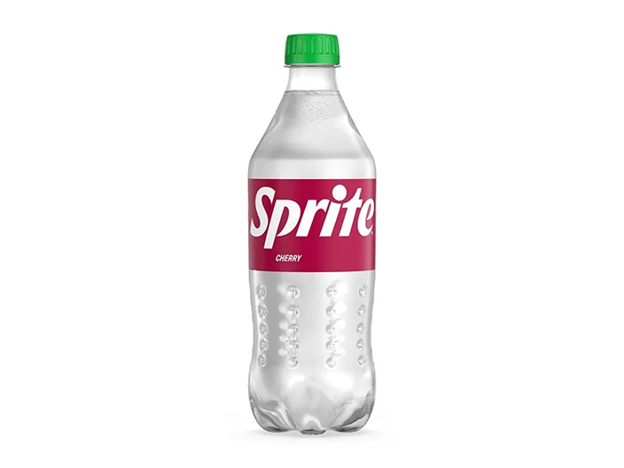 A clear plastic Sprite bottle with a green cap and a cherry-red label reading “Sprite Cherry,” on a white background.