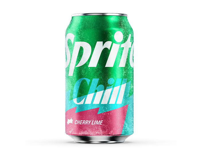 A frosty green Sprite can with “Chill” in white over teal and pink stripes, labeled “Cherry Lime,” on a white background.