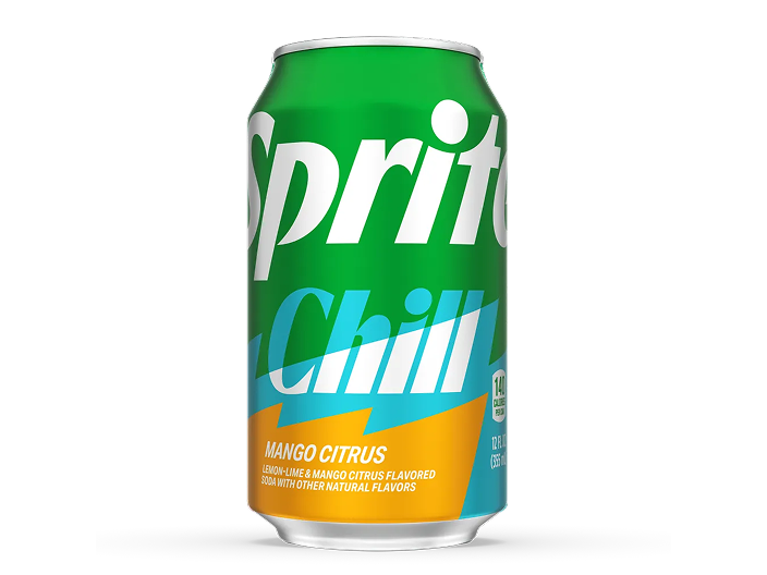 A green Sprite can with “Chill” in teal and white over an orange stripe, labeled “Mango Citrus,” on a white background.