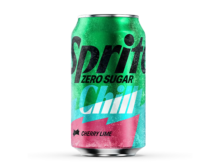 A frosty green can with a black Sprite logo, “Zero Sugar,” and “Chill” over teal and pink stripes, labeled “Cherry Lime,” on a white background.
