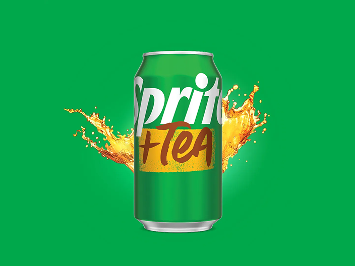 A can of Sprite + Tea with a splash of tea on a green background.