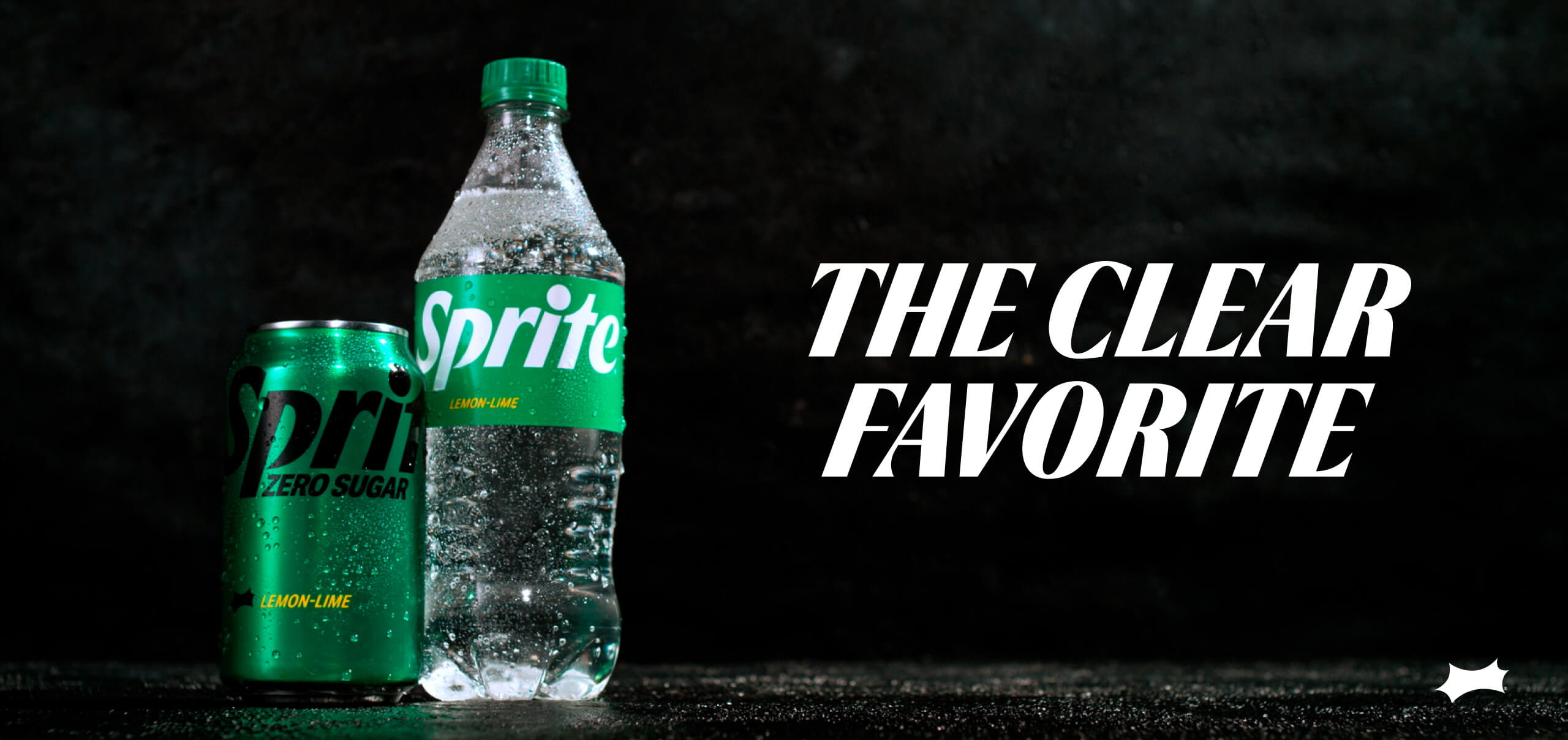 A can of Sprite Zero Sugar and a bottle of Sprite on a black backgroud next to text reading "The Clear Favorite"