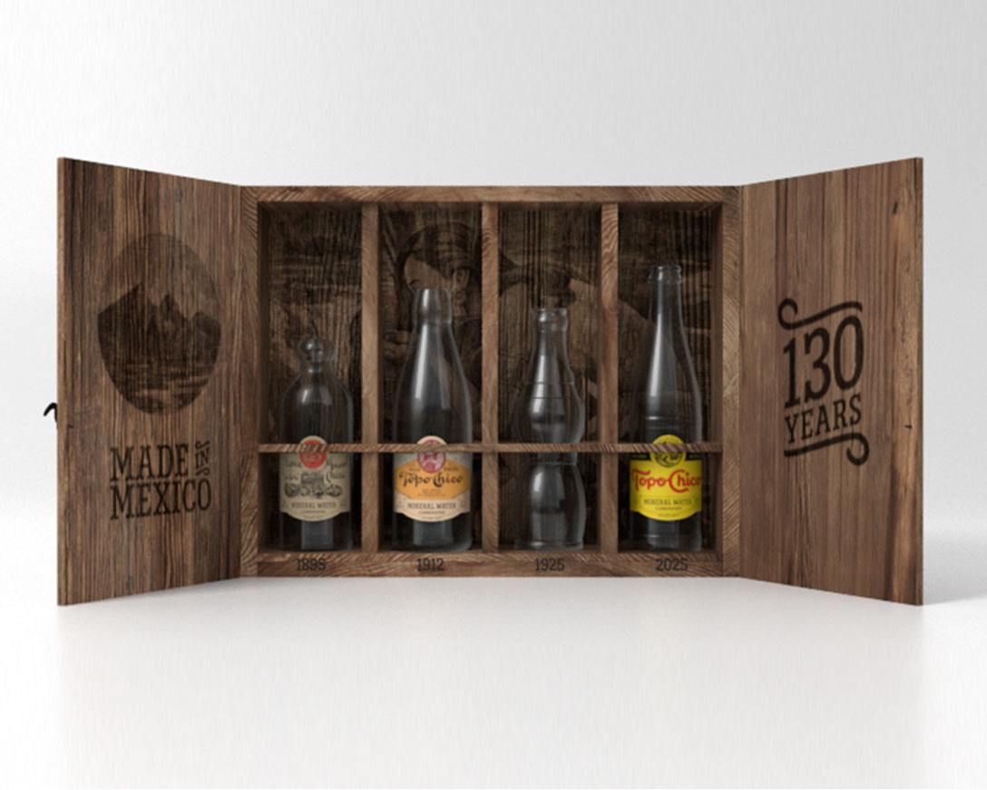 A limited edition 4-pack of vintage topo chico bottles