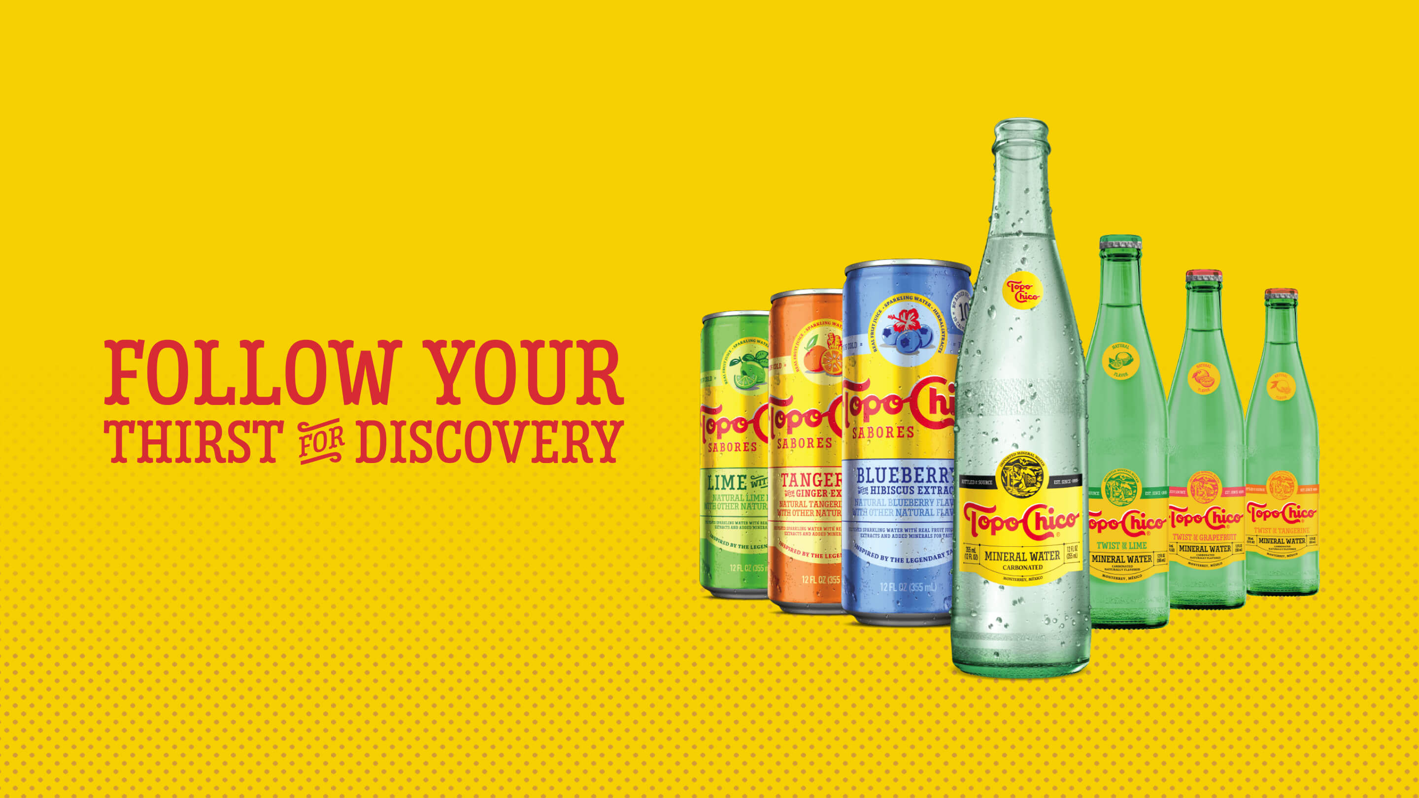 Topo Chico ad with three cans in a blue background with the phrase "Flavors that just sip different"