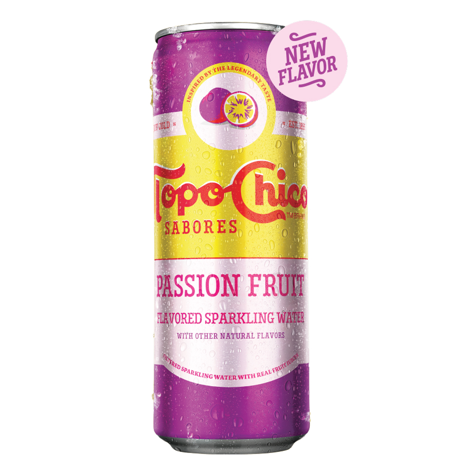 A can of Topo Chico Sabores Passion Fruit with a new flavor tag above it