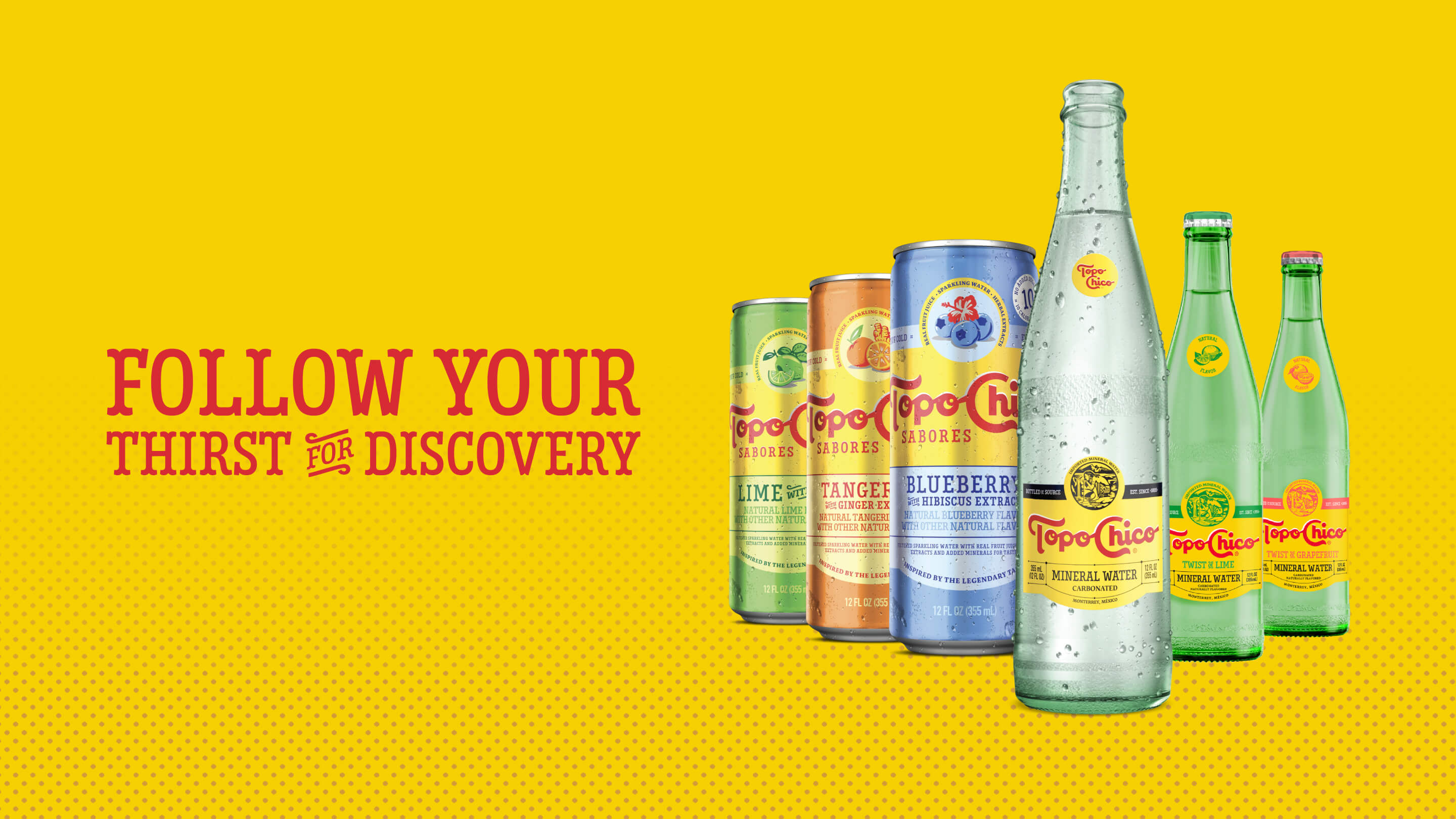 Topo Chico ad with three cans in a blue and yellow background, with the phrase "Flavors that just sip different"