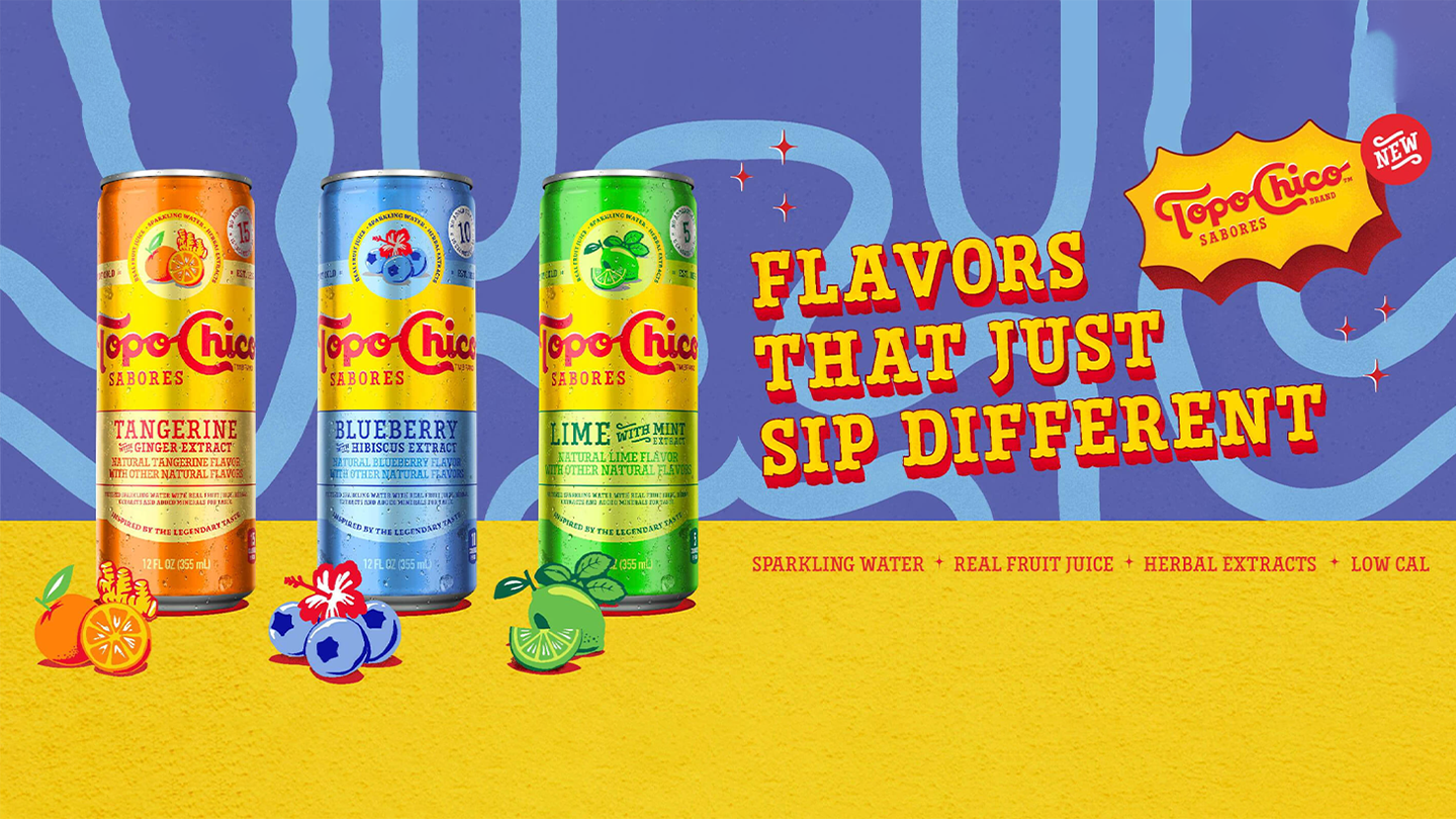 Topo Chico ad with three cans in a blue and yellow background, with the phrase "Flavors that just sip different"
