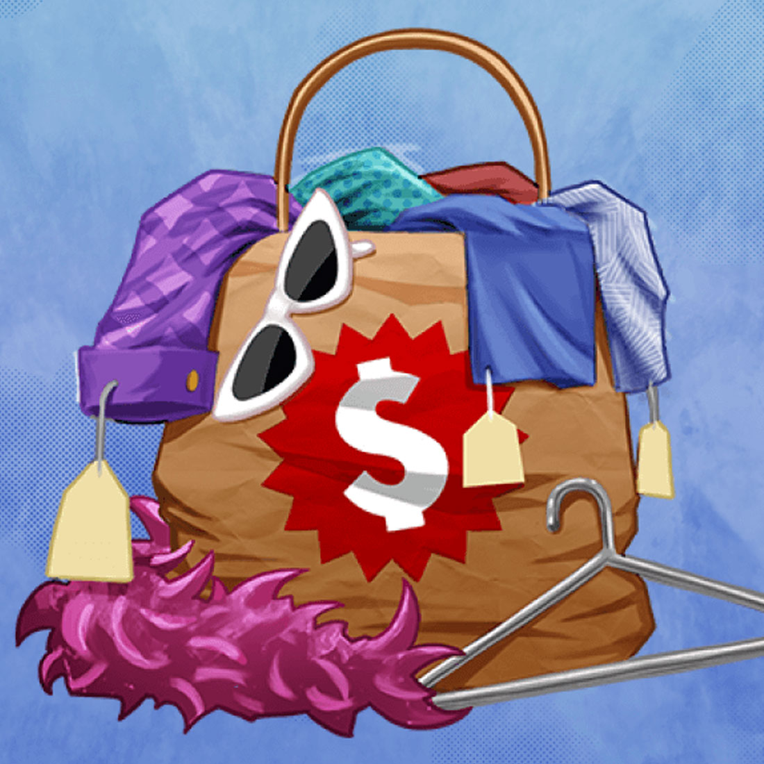 An illustration of various vintage objects and clothing in a bag