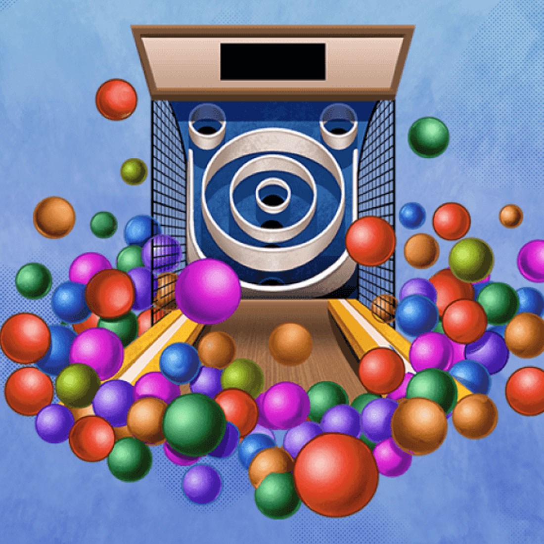 An illustration of various colored balls in front of an arcade game