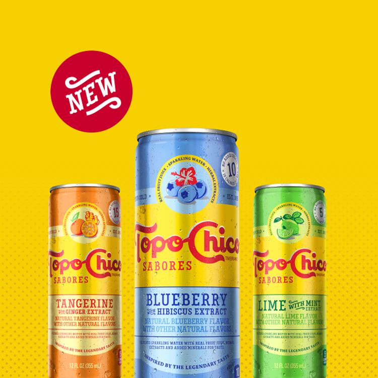 Three Topo Chico cans in a yellow background