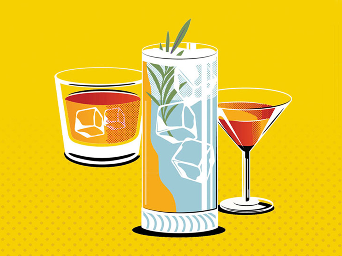A illustration of different glasses with Topo Chico drinks