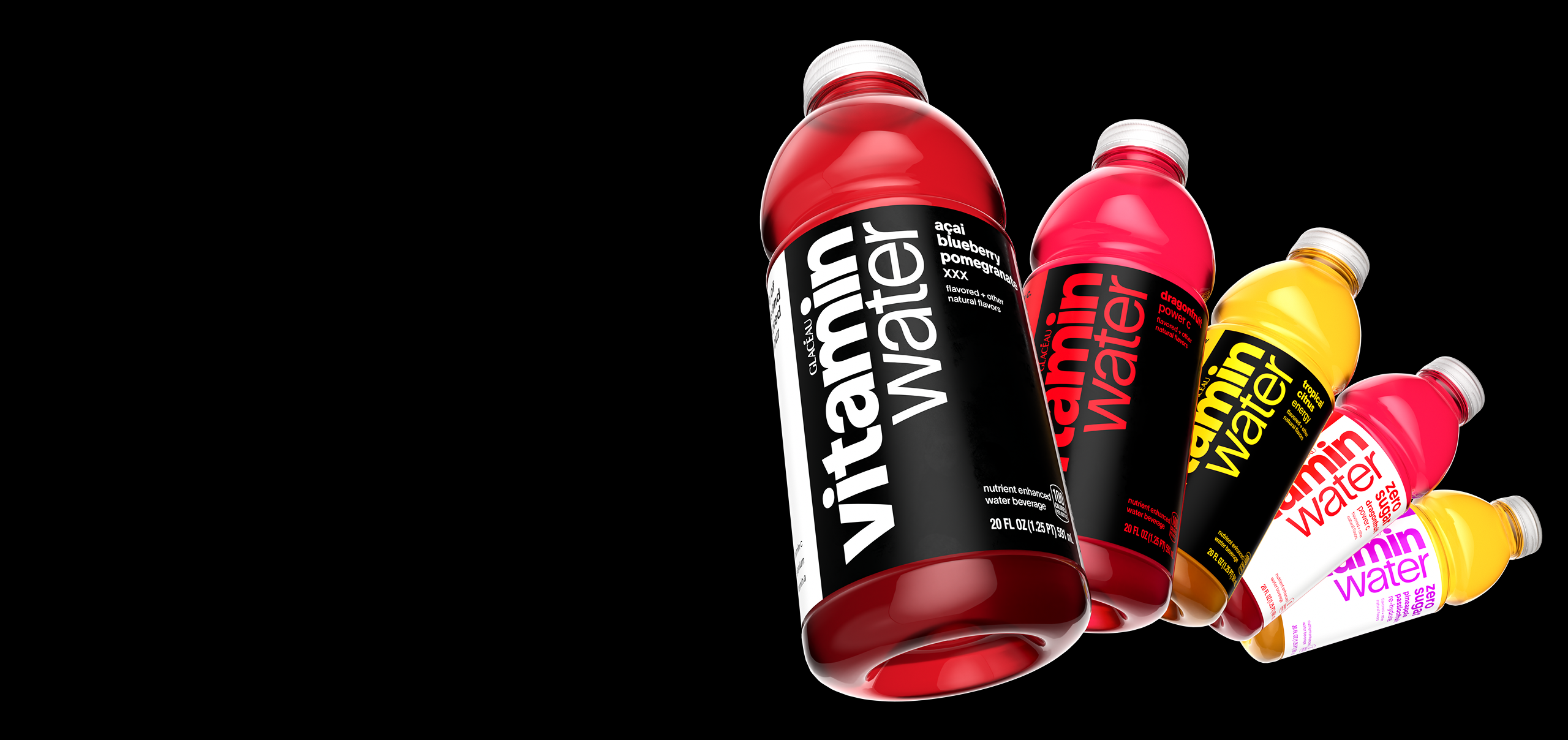 Variety of vitaminwater drinks on a black background