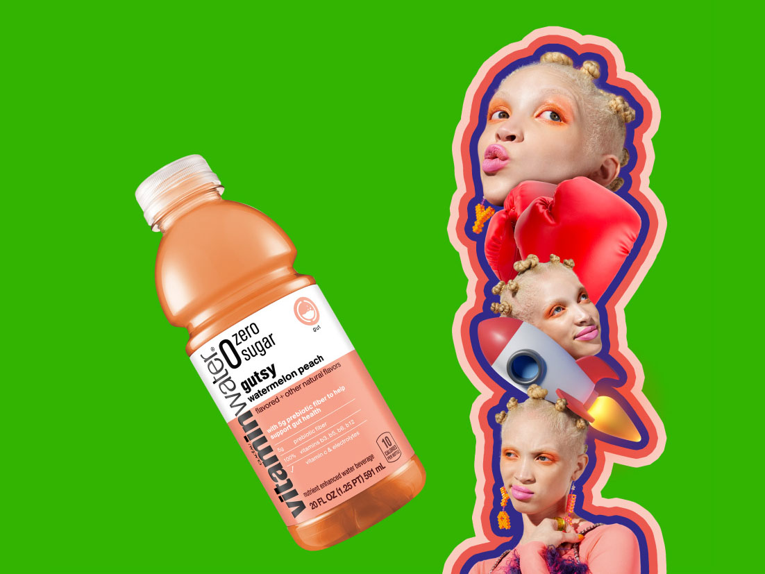 A green background with a bottle of vitaminwater® and a fun collage of a woman