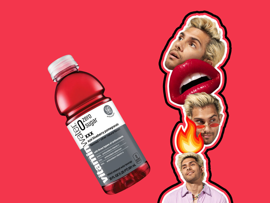 A bottle of vitaminwater and a fun collage with a face and emojis