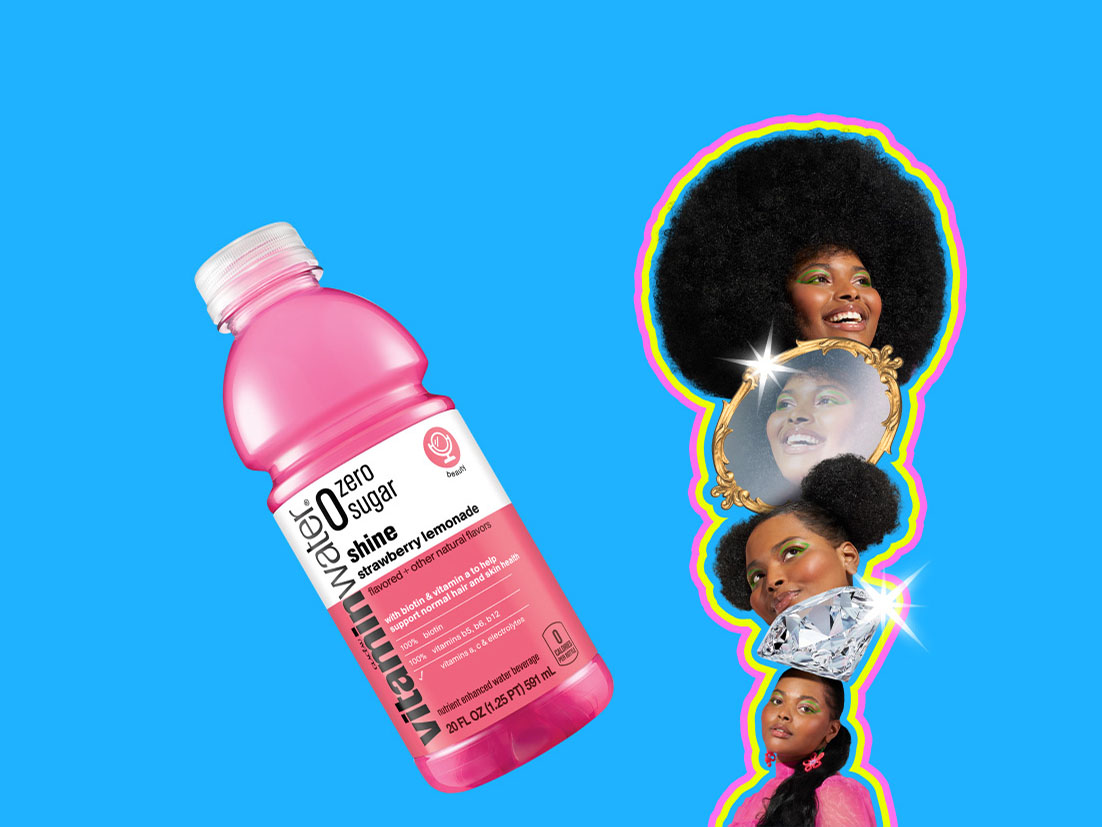 A blue background with a bottle of vitaminwater and a fun collage of a woman's face