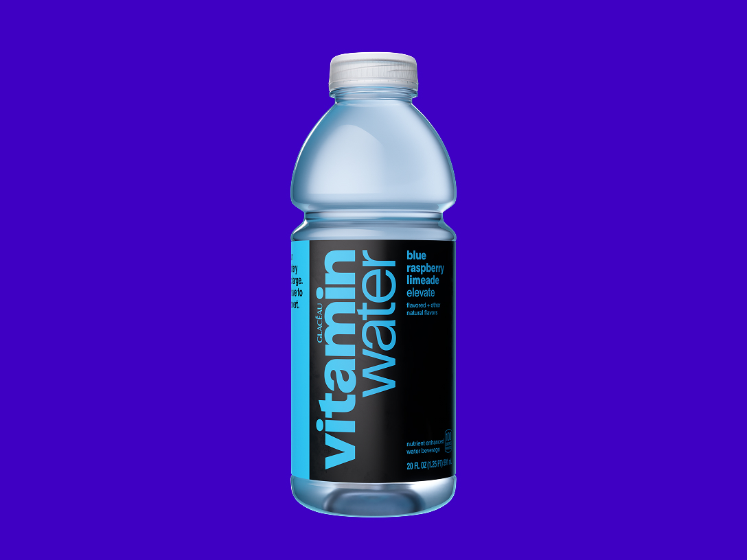 a bottle of vitaminwater blue raspberry lime on a blue background