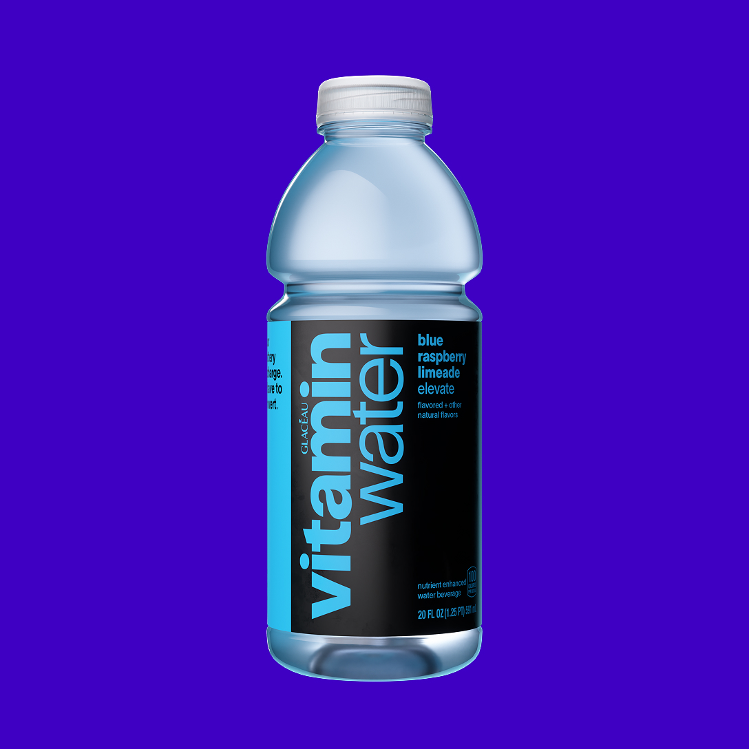 a bottle of vitaminwater blue raspberry lime on a blue background