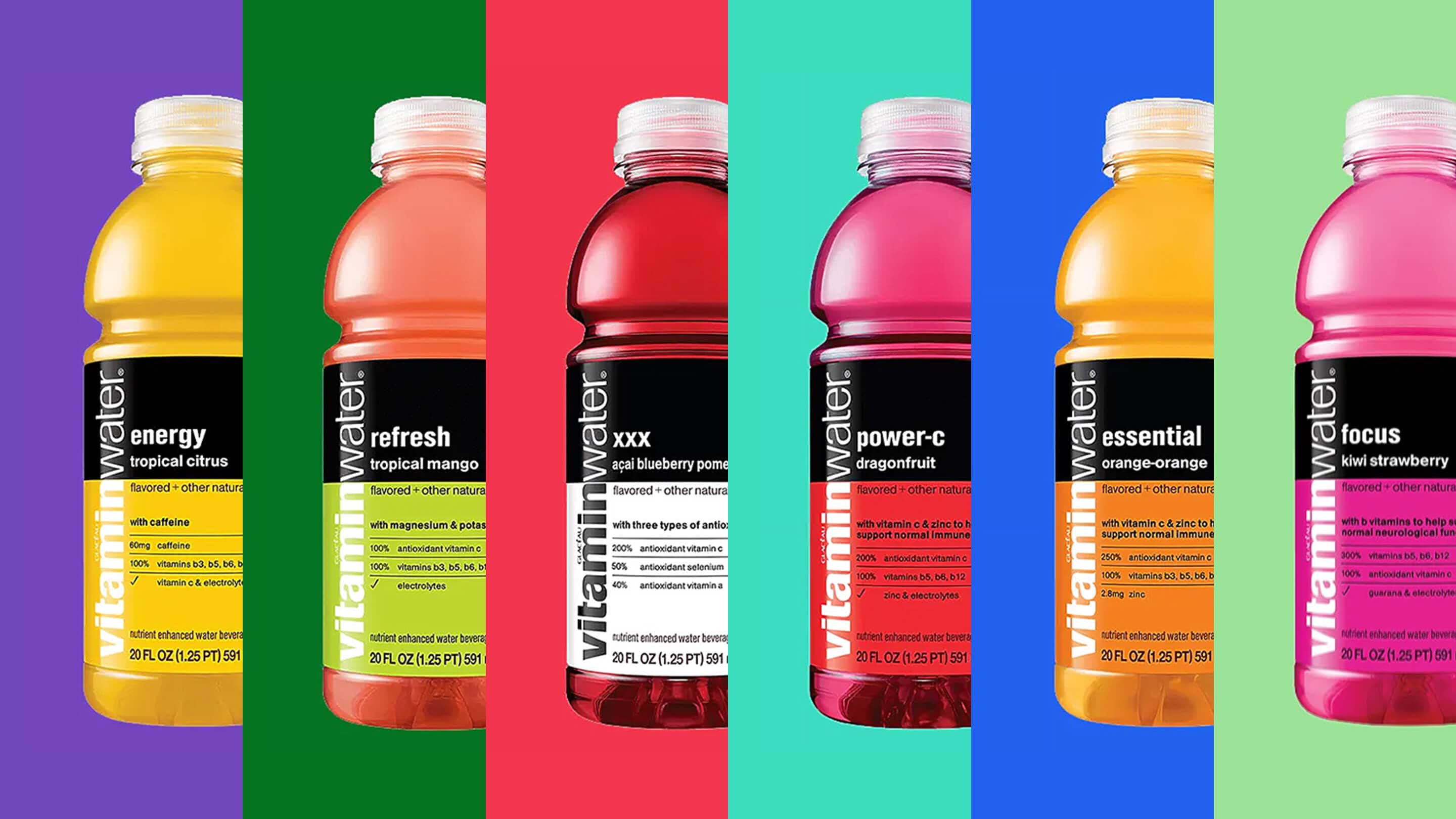 Various VitaminWater bottles side by side on a multicolored background 