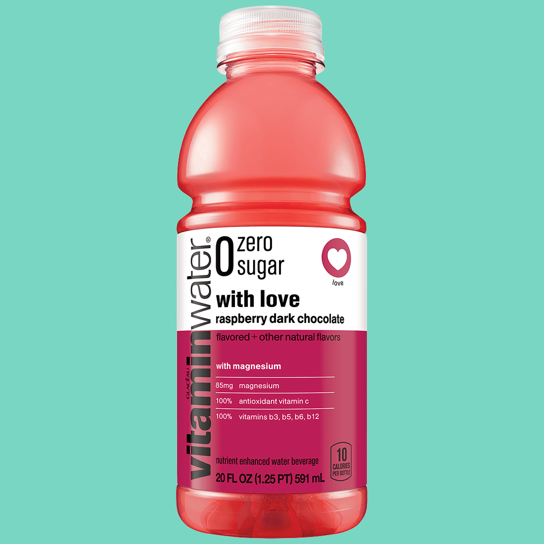 A bottle of Vitaminwater raspberry-dark-chocolate zero sugar