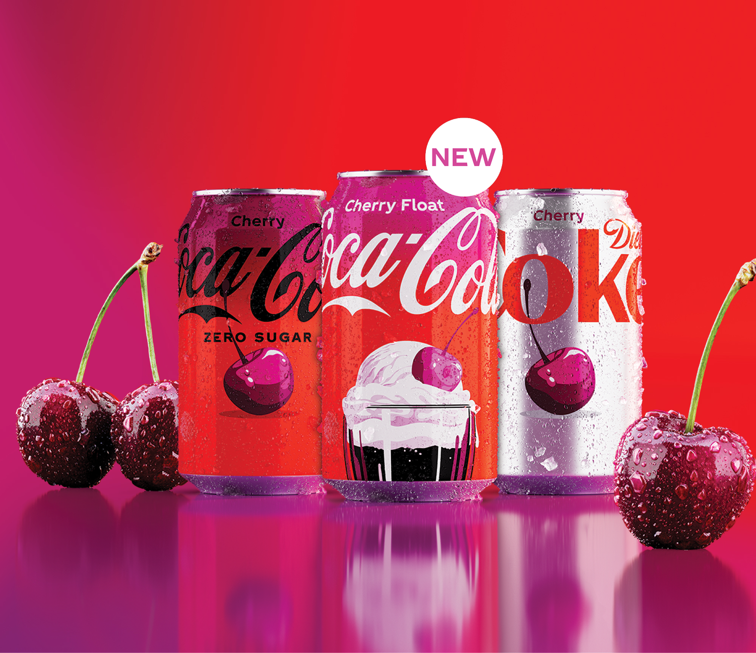 Diet Coke, Zero Sugar, and new Coca-Cola Cherry Float cans with fresh cherries for the Year of Cherry sweepstakes promo.