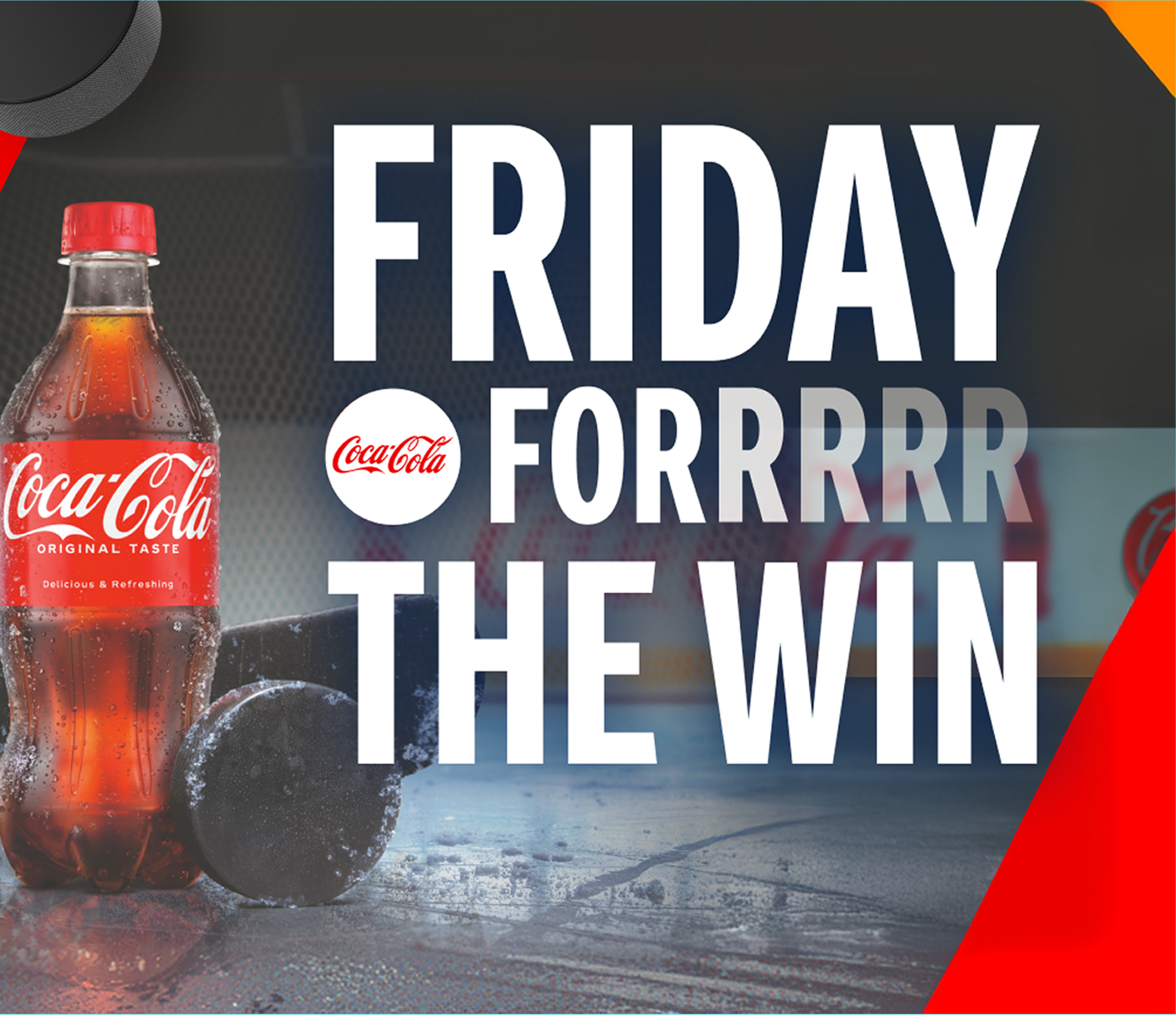 Friday For The Win promo tile featuring a chilled Coca-Cola bottle on the ice alongside a hockey puck and stick