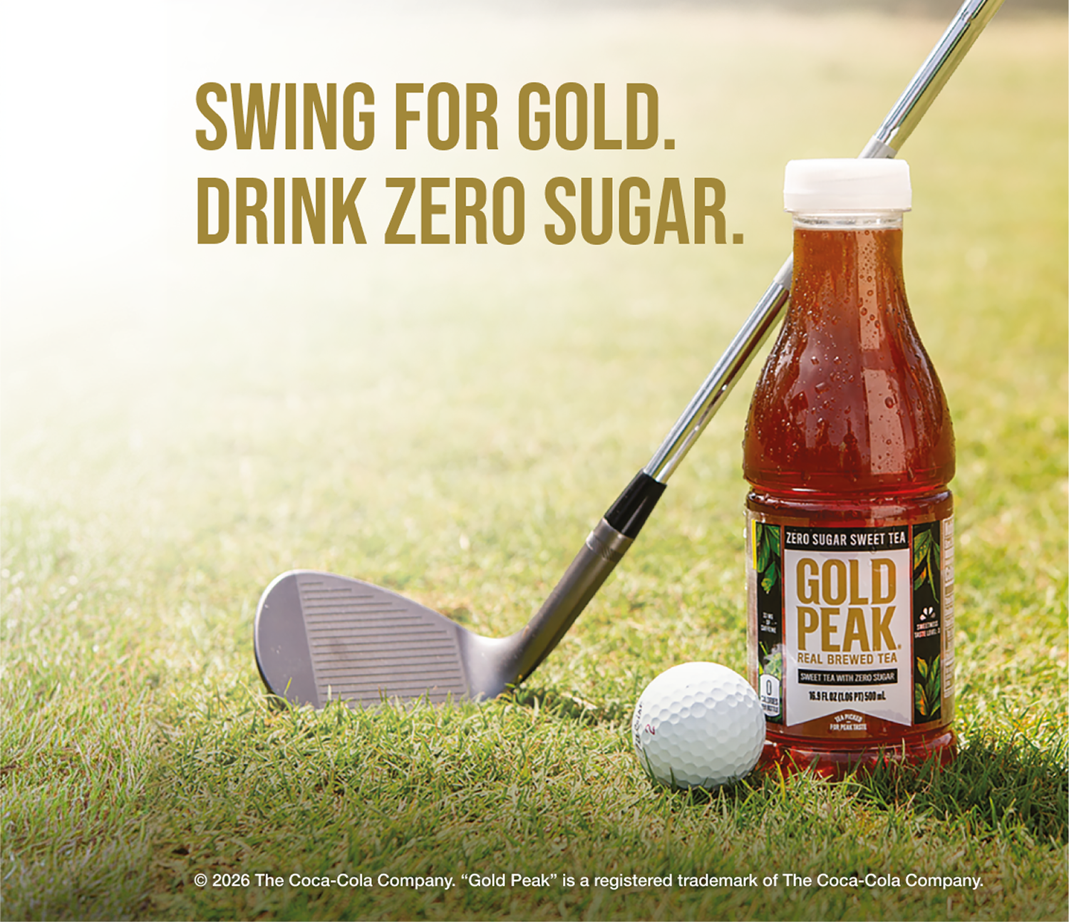 Gold Peak Zero Sugar Sweet Tea bottle on golf course next to club and golf ball with Swing for Gold drink zero sugar headline.
